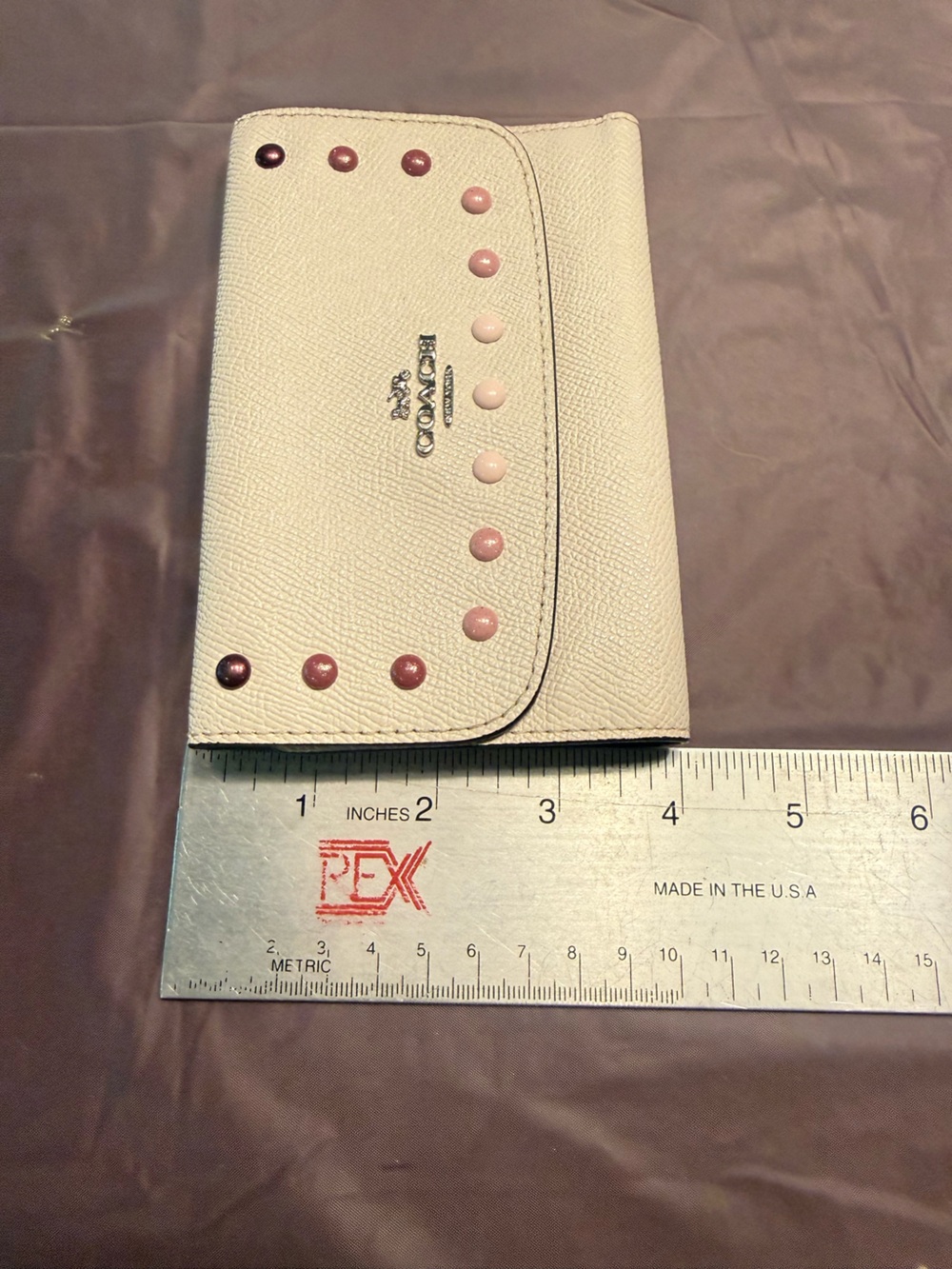 Coach Cream Pebbled Leather Wallet with Pink Ombre Studs - Picture 6 of 9